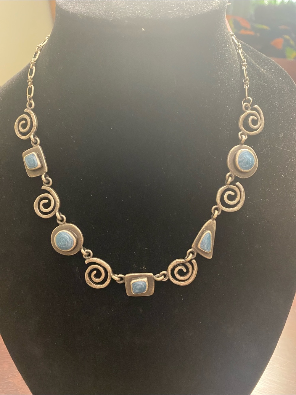 Sterling-Tone Spiral Link Necklace with Blue Stone Inlays